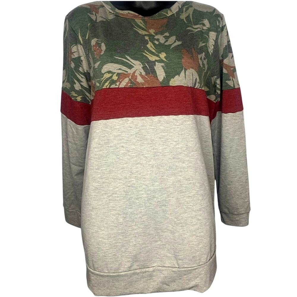 e Luna Long Sleeve Crew Neck Army Green Maroon Color Block Women's 1x